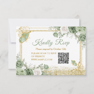 Tarjeta Quinceañera Sage Green Crown QR Rsvp Gold