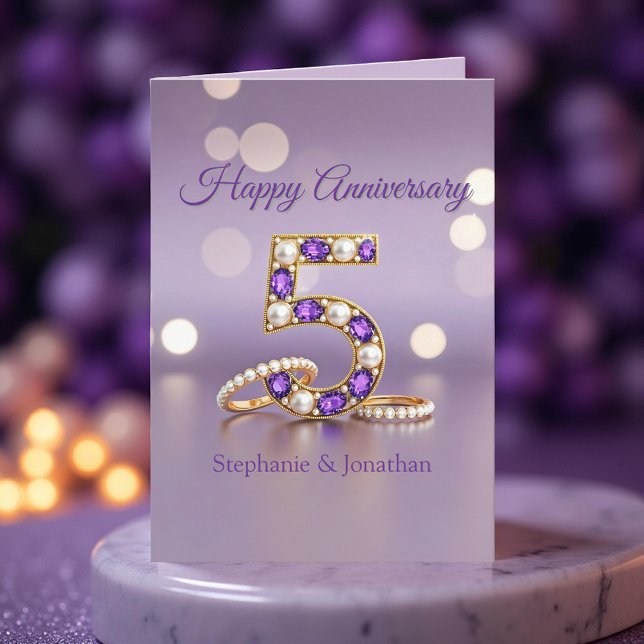 Tarjeta Quinto aniversario Boda de Gemstone y Perlas Púrpu (Subido por el creador)