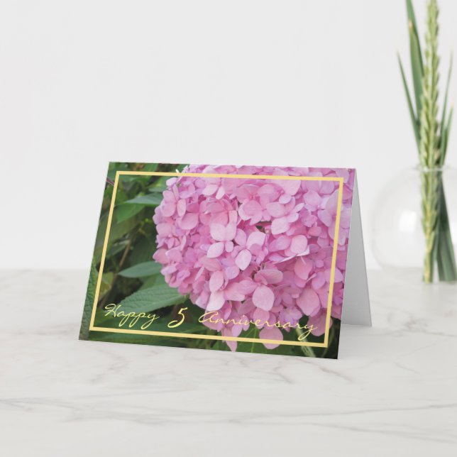 Tarjeta Quinto Aniversario Boda Desea Pink Hydrangeas (Anverso)
