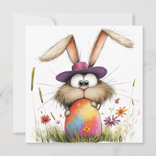 Tarjeta Quirky Bunny with Decorated Egg Easter Greeting (Anverso)