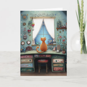 Tarjeta Quirky gato Naranja en una ventana saludo saludo