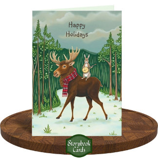 Tarjeta Quirky Moose Rabbit Forest Winter Scene Navidades