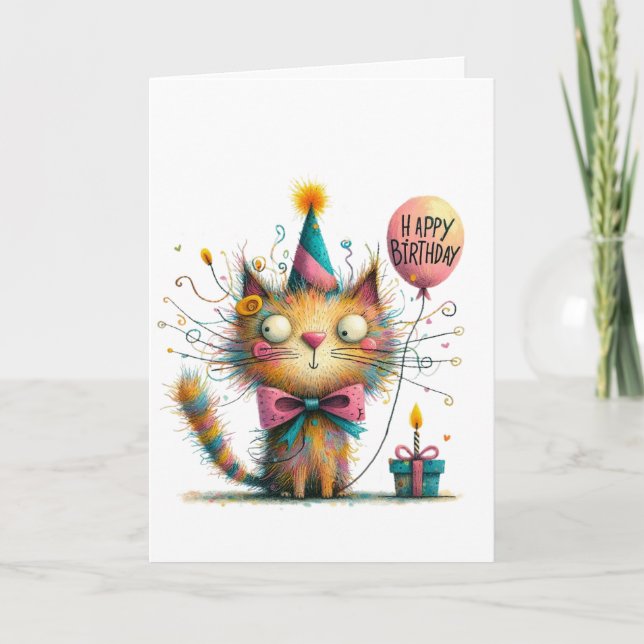 Tarjeta Quirky Orange Cat with Party Hat and Cake Birthday (Anverso)