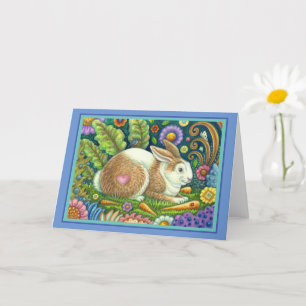 TARJETA RABBBIT DE ARTE FOLLETO Y BLUEBIRD EN JARDÍN SECRE