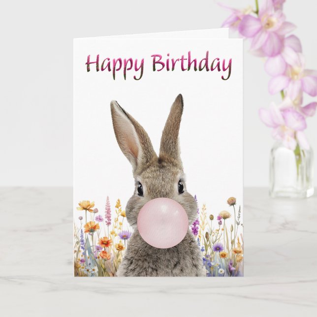 Tarjeta Rabbit Blowing Pink Bubble gum Happy Birthday (Orquídea)