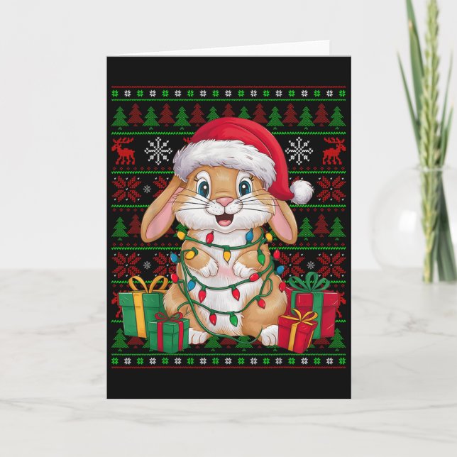Tarjeta Rabbit Bunny Xmas Lights Ugly Santa Hat Bunny Chri (Anverso)