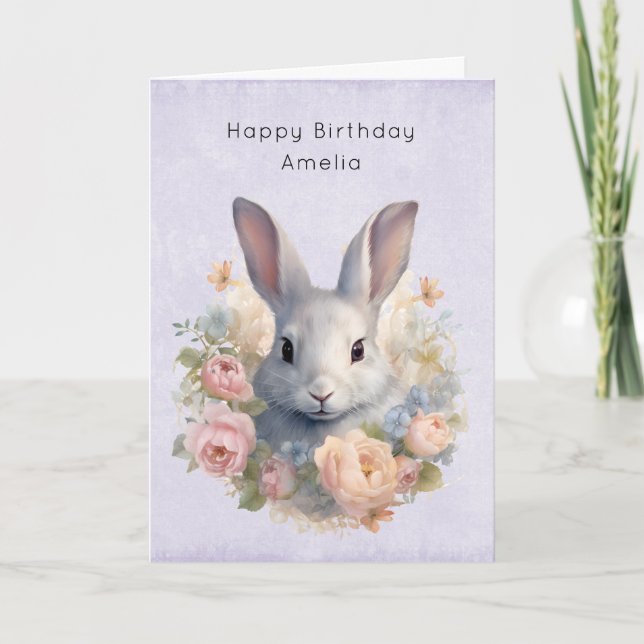 Tarjeta Rabbit Surrounded by Pastel Flowers Cute Birthday (Anverso)