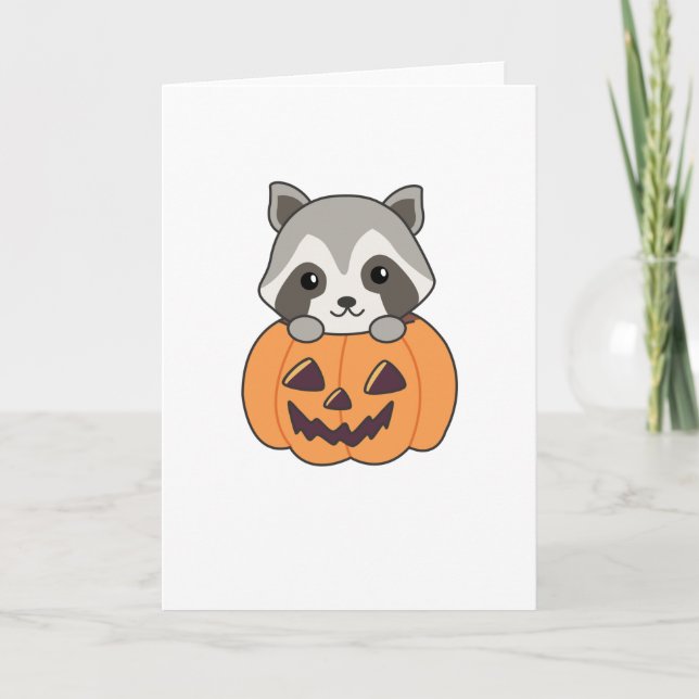 Tarjeta Raccin En Calabaza Dulce Raccoon Feliz Halloween (Anverso)
