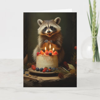 Tarjeta Raccoon con un pastel de cumpleaños
