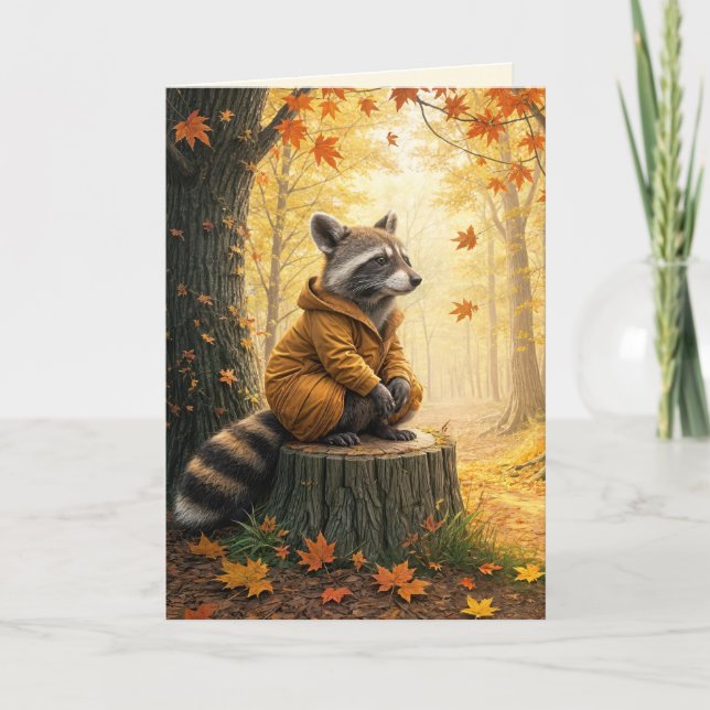 Tarjeta Raccoon De Cumpleaños De Otoño Sobre El Arbolado (Anverso)