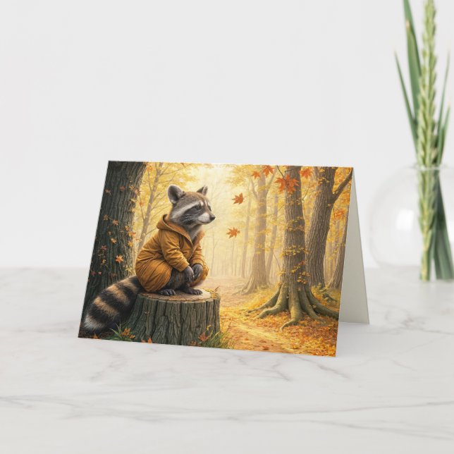 Tarjeta Raccoon De Cumpleaños De Otoño Sobre El Arbolado (Anverso)