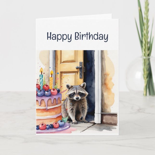Tarjeta Raccoon de diversión de cumpleaños tras el dulce p (Anverso)