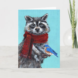 Tarjeta Raccoon de invierno con pájaro azul