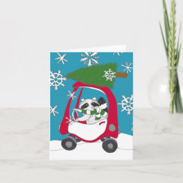 Tarjeta Raccoon en auto con árbol de Navidad