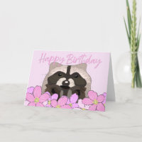 Raccoon en Bonitos Flores rosas y cumpleaños salva
