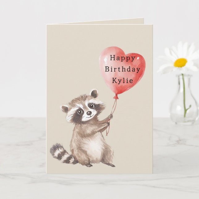 Tarjeta Raccoon Heart Balloon Birthday (Planta pequeña)