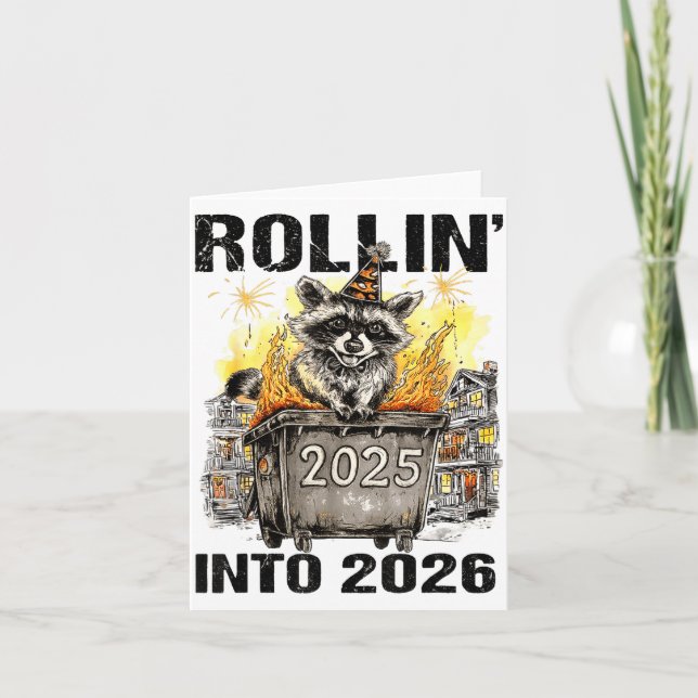 Tarjeta Raccoon Rolling Into 2026 Happy New Year 2026 Funn (Anverso)