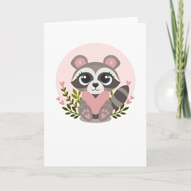 Tarjeta Raccoon Sostengo un corazón para El día de San Val (Anverso)