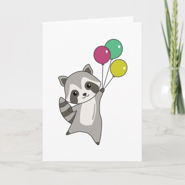 Tarjeta Raccoon vuela globos sobre animales amables para n (Anverso)