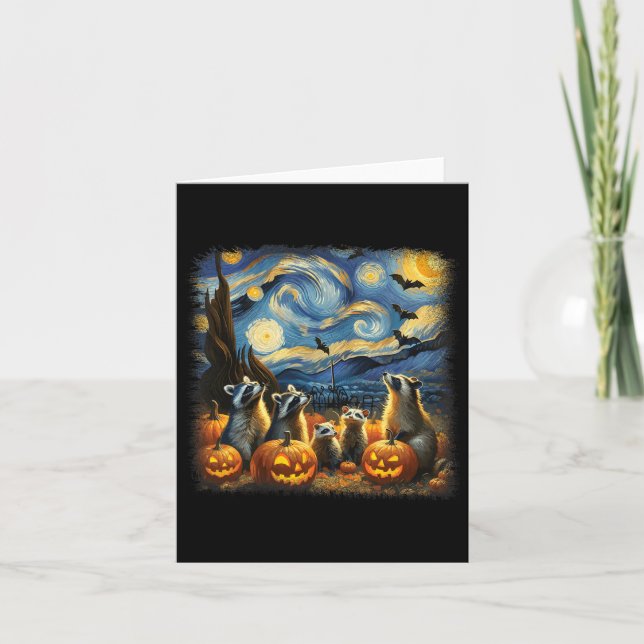 Tarjeta Raccoons Y Possum Halloween Caen Van Gogh Starry (Anverso)