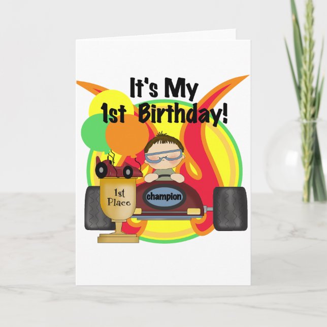 Tarjeta Race Car 1er camisetas de cumpleaños y regalos (Anverso)