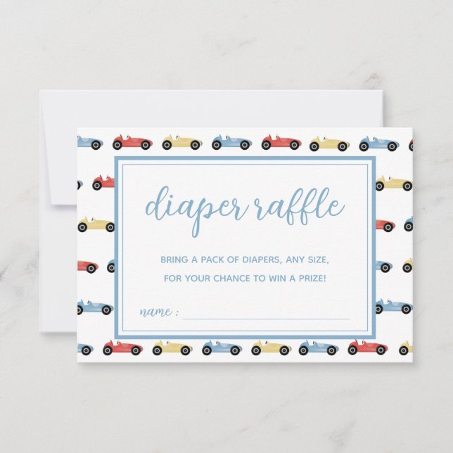 Tarjeta Race Cars Blue Boy Baby Shower Diaper Raff (Anverso)