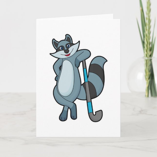Tarjeta Racoon en Hockey con bastón de hockey (Anverso)