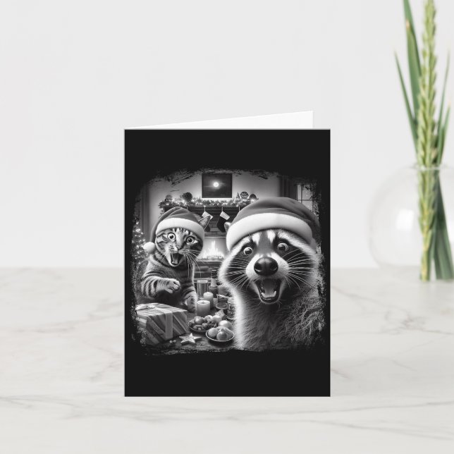 Tarjeta Racoon Santa Funny Cat Taking Selfie Christmas Xma (Anverso)