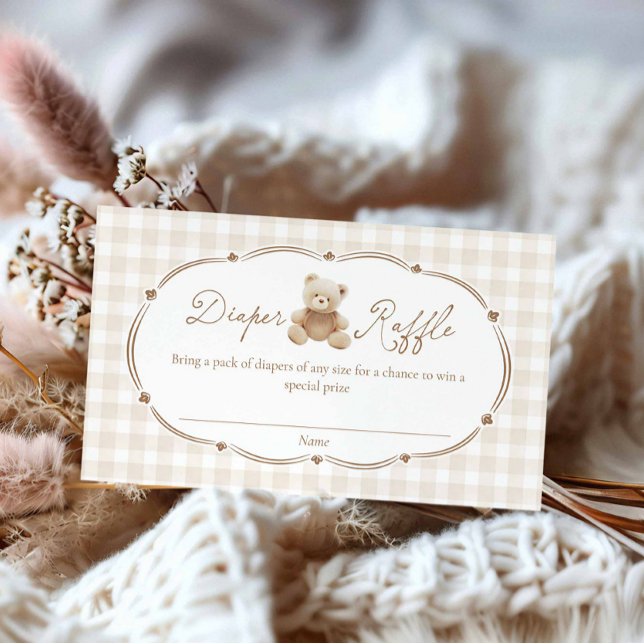 Tarjeta Raffle Teddy Bear Taid Diaper (Brown Teddy Bear Gingham Boy Baby shower Diaper Raffle Ticket)