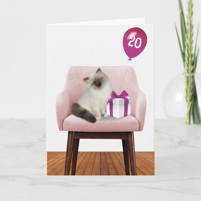 Tarjeta Ragdoll Kitten con globo de cumpleaños número 20 (Anverso)