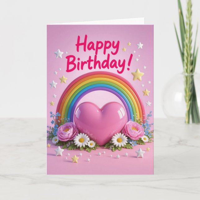 Tarjeta Rainbow and pink love heart birthday (Anverso)