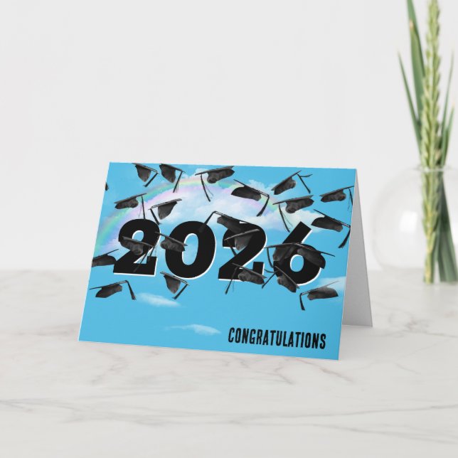 Tarjeta Rainbow Clouds 2026 Black Graduation Hats (Anverso)