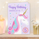 Tarjeta Rainbow Unicorn Personalized Age Purple Birthday<br><div class="desc">This birthday card features a cute whimsical unicorn design with faux gold glitter. The inside of the card has bunting and confetti. Personalize this card with a name and age on the front and your birthday message inside.</div>