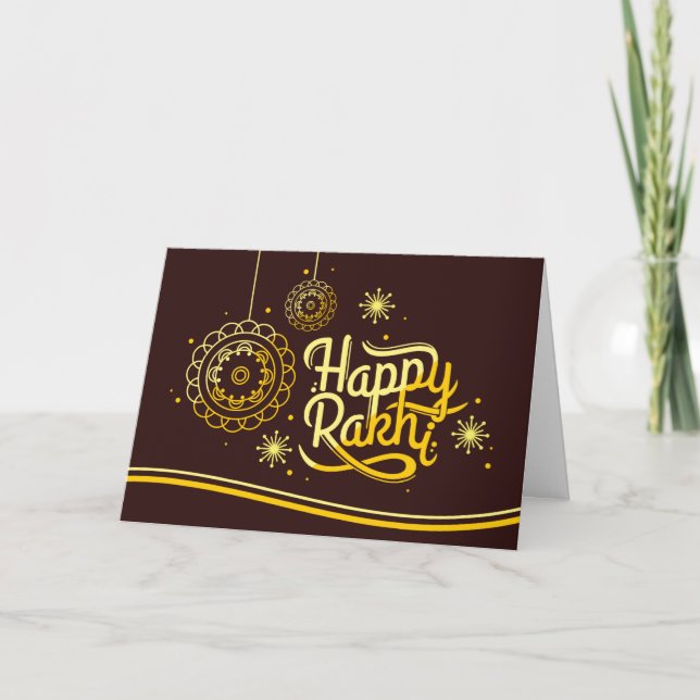 Tarjeta Rakhi feliz, Raksha Bandhan, marrón, oro (Anverso)