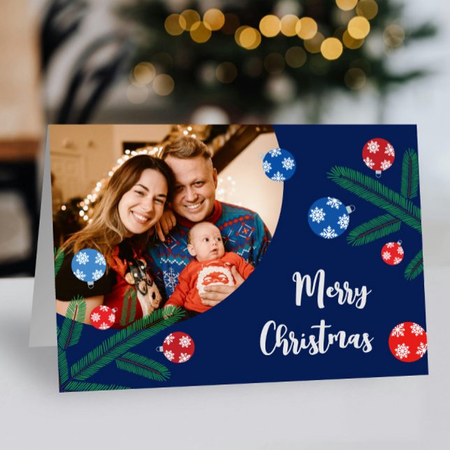Tarjeta Rama de árbol de Navidad con decoraciones de copos (Chrismas tree with decorations custom greeting card with your photo)