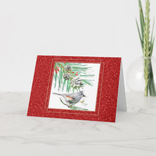 Tarjeta Rama de pino y pájaro de acuarela Navidad