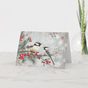 Tarjeta Rama Evergreen con pollo y copos de nieve