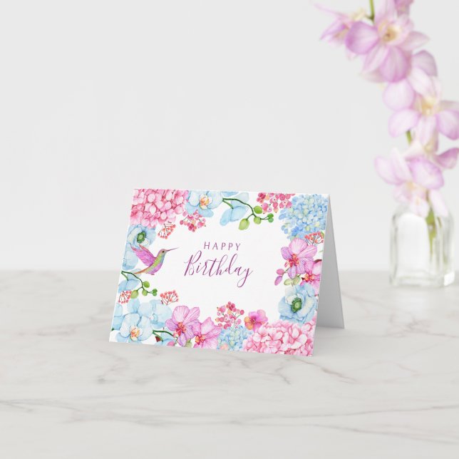Tarjeta Rama floral azul rosa con cumpleaños feliz de pája (Orquídea)