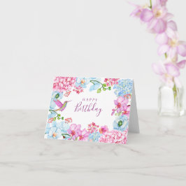 Tarjeta Rama floral azul rosa con cumpleaños feliz de pája