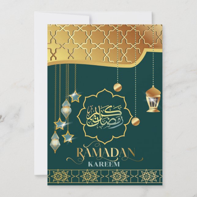 Tarjeta Ramadán Kareem Caligrafía Árabe Verde Dorado (Anverso)