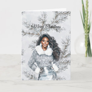 Tarjeta Ramas de árbol de Navidad plateadas de mujer negra