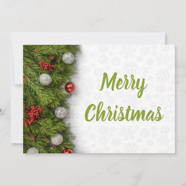 Tarjeta Ramas verdes y ornamentos de Feliz Navidad (Anverso)