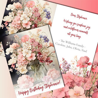 Tarjeta Ramo de cumpleaños de verano en acuarela rosa