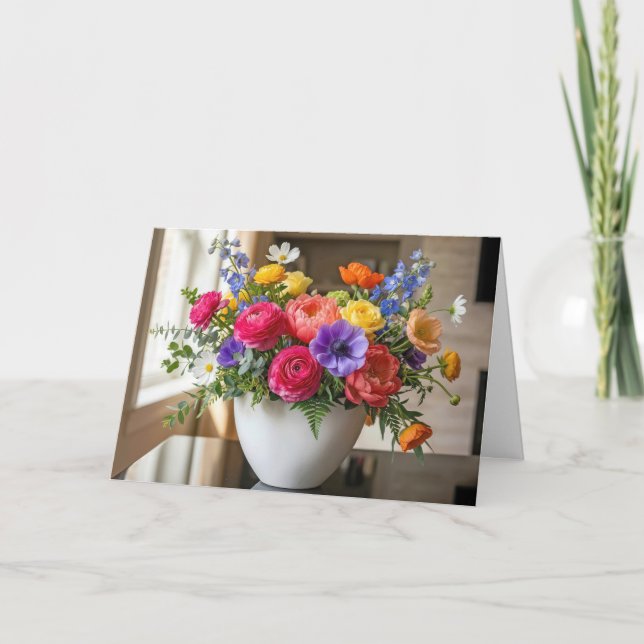 Tarjeta Ramo de flores de verano de cumpleaños en jarrón (Anverso)