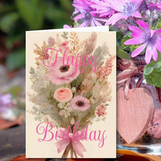 Tarjeta Ramo de flores rosadas de primavera Feliz Cumpleañ (Subido por el creador)