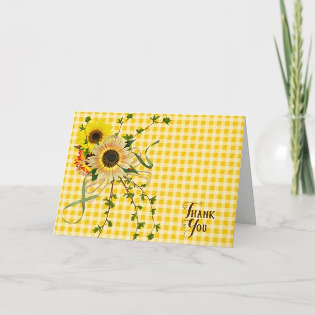 Tarjeta Ramo de girasoles Thank You sobre gingham (Anverso)