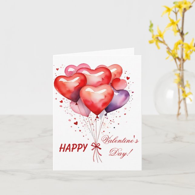 Tarjeta Ramo de globos corazones rojos y rosas (flor amarilla)