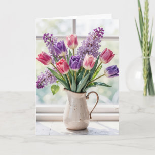 Tarjeta Ramo de Lilas y Tulipanes de Primavera Gracias