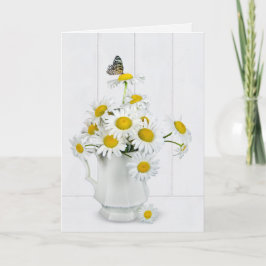 Tarjeta Ramo de margarita con mariposa en madera blanquead