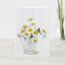 Tarjeta Ramo de margarita con mariposa en madera blanquead